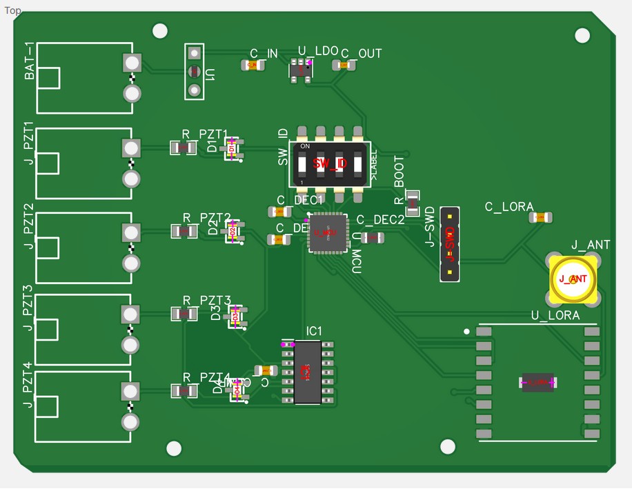Circuit imprimé (PCB) de l'émetteur HORUS, vue 3D